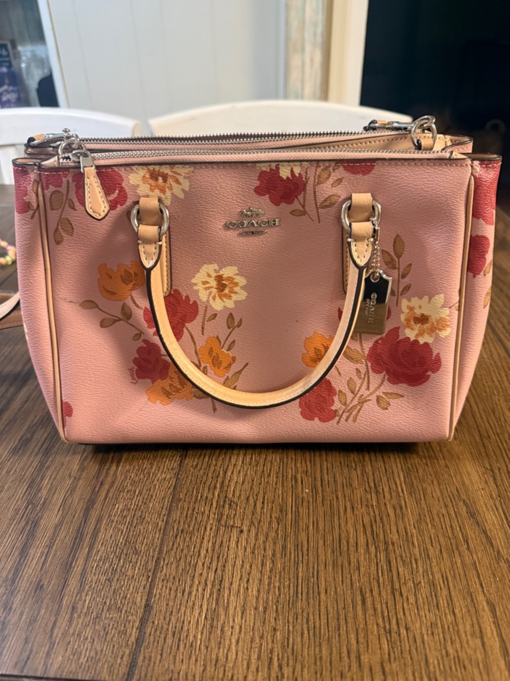 Coach Pink Floral Leather Satchel with Red & Yellow Blooms - Picture 2 of 10
